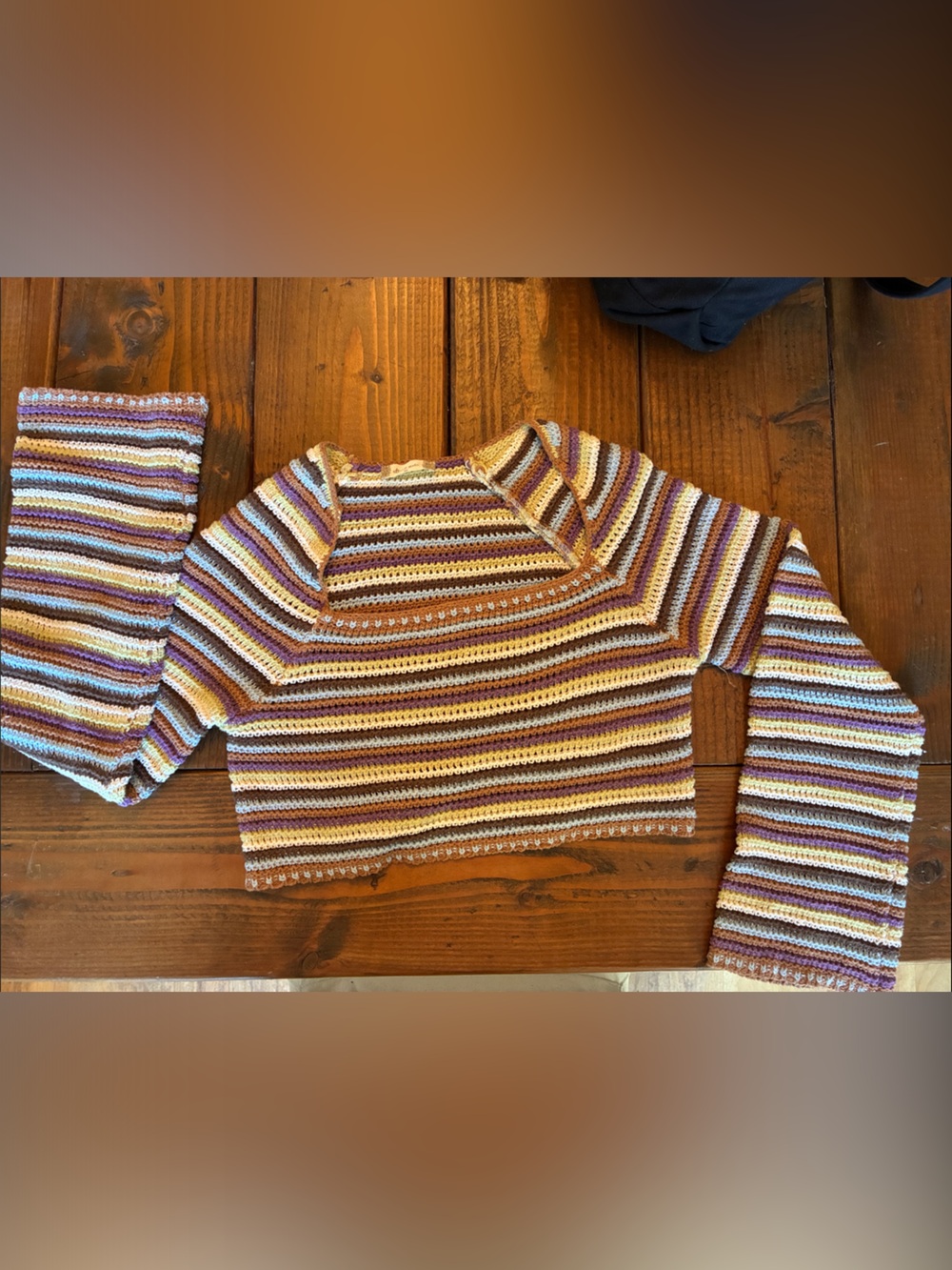Alter’d State Crocheted cropped long sleeve knit top in Earth Tones